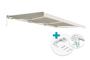 FAZZIO 6x3m white semi-cassette motorized LED awning with beige fabric and ceiling fixings