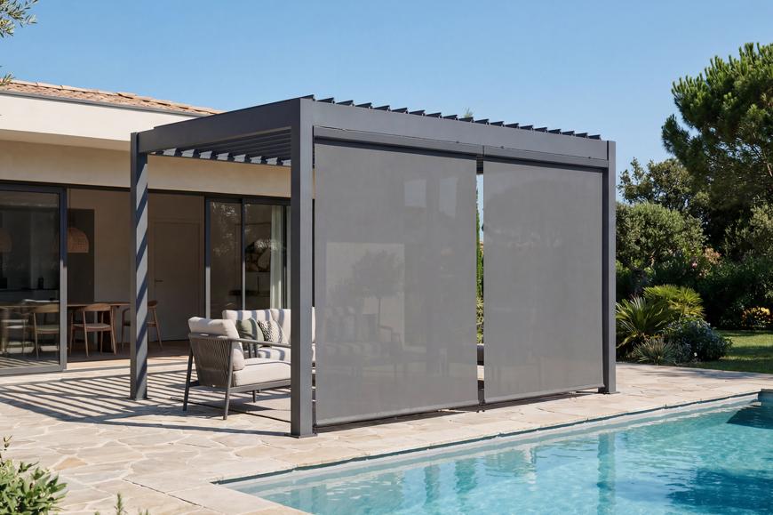 Pergola bioclimatique 3x2,5m autoportée PIANA aluminium gris avec stores rétractables côté 3m