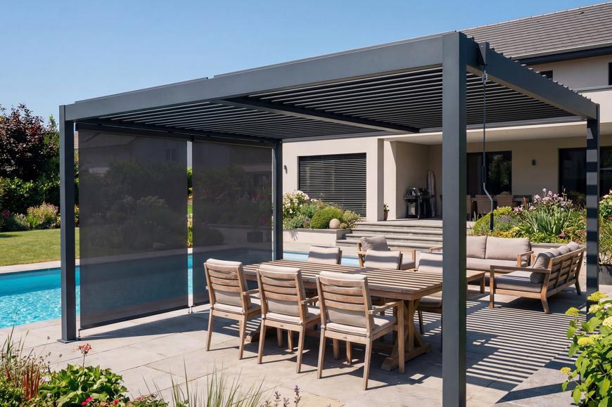 Pergola bioclimatique 4x3m autoportée PIANA aluminium gris avec stores rétractables côté 3m