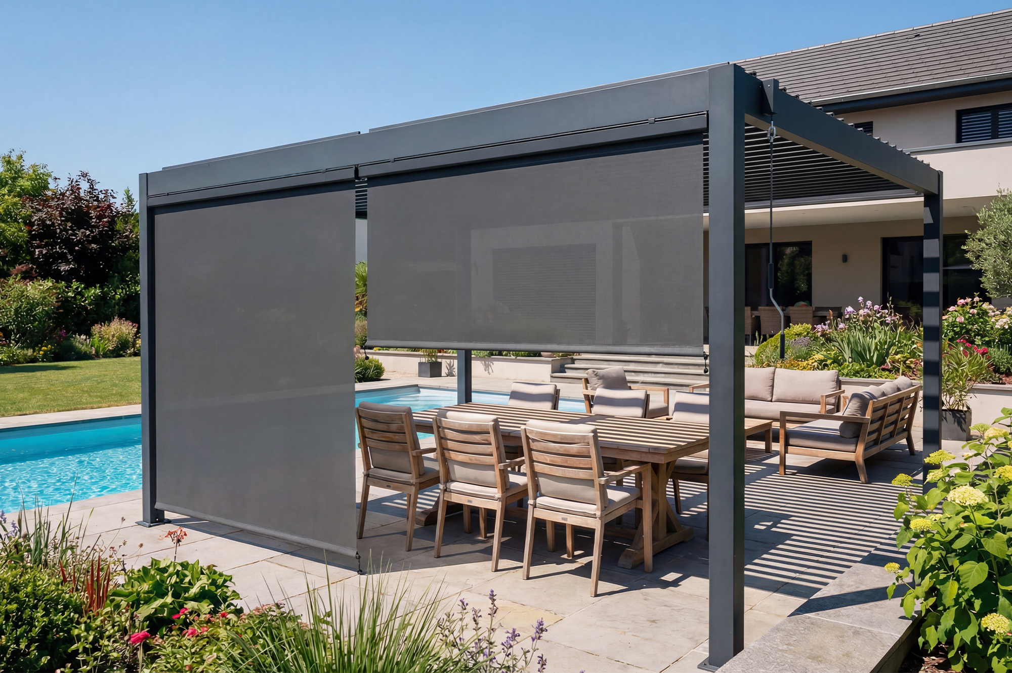 PIANA 4x3m brīvstāvoša bioklimatiskā pergola pelēkā alumīnija krāsā ar izvelkamām žalūzijām 4m pusē main_image