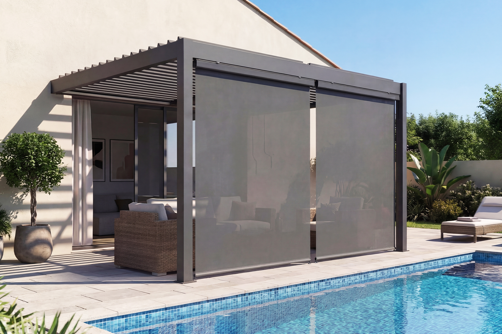 PIANA 3x2m pieguļoša bioklimatiskā pergola pelēkā alumīnija krāsā ar izvelkamām žalūzijām 3m pusē main_image