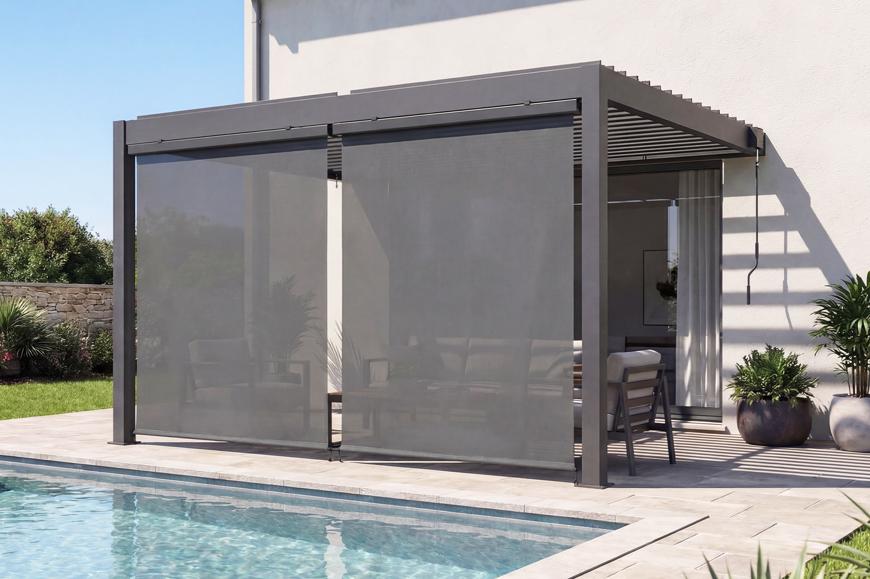 Pergola bioclimatique 4x3m adossée PIANA aluminium gris avec stores rétractables côté 4m