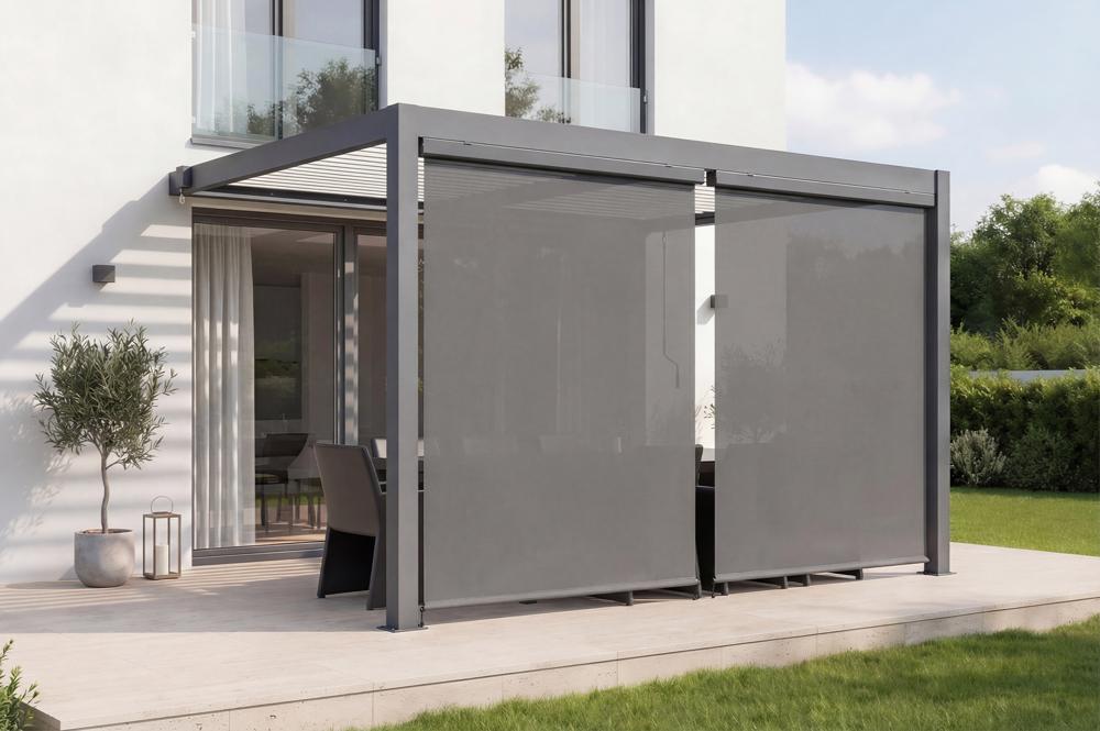 Pergola bioclimatique 4x3m adossée AGOSTA aluminium gris lames blanches avec stores rétractables côté 4m