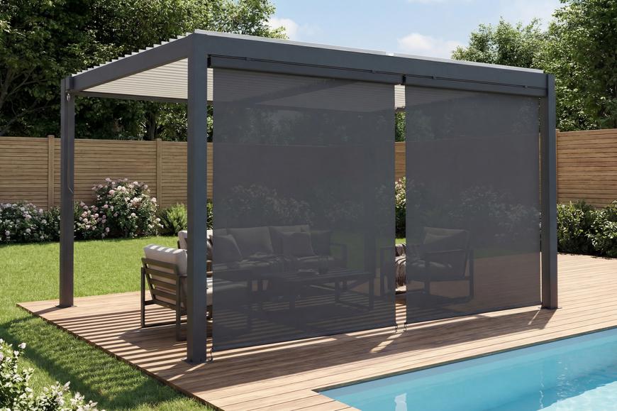 Pergola bioclimatique 4x3m autoportée AGOSTA aluminium gris lames blanches avec stores rétractables côté 4m