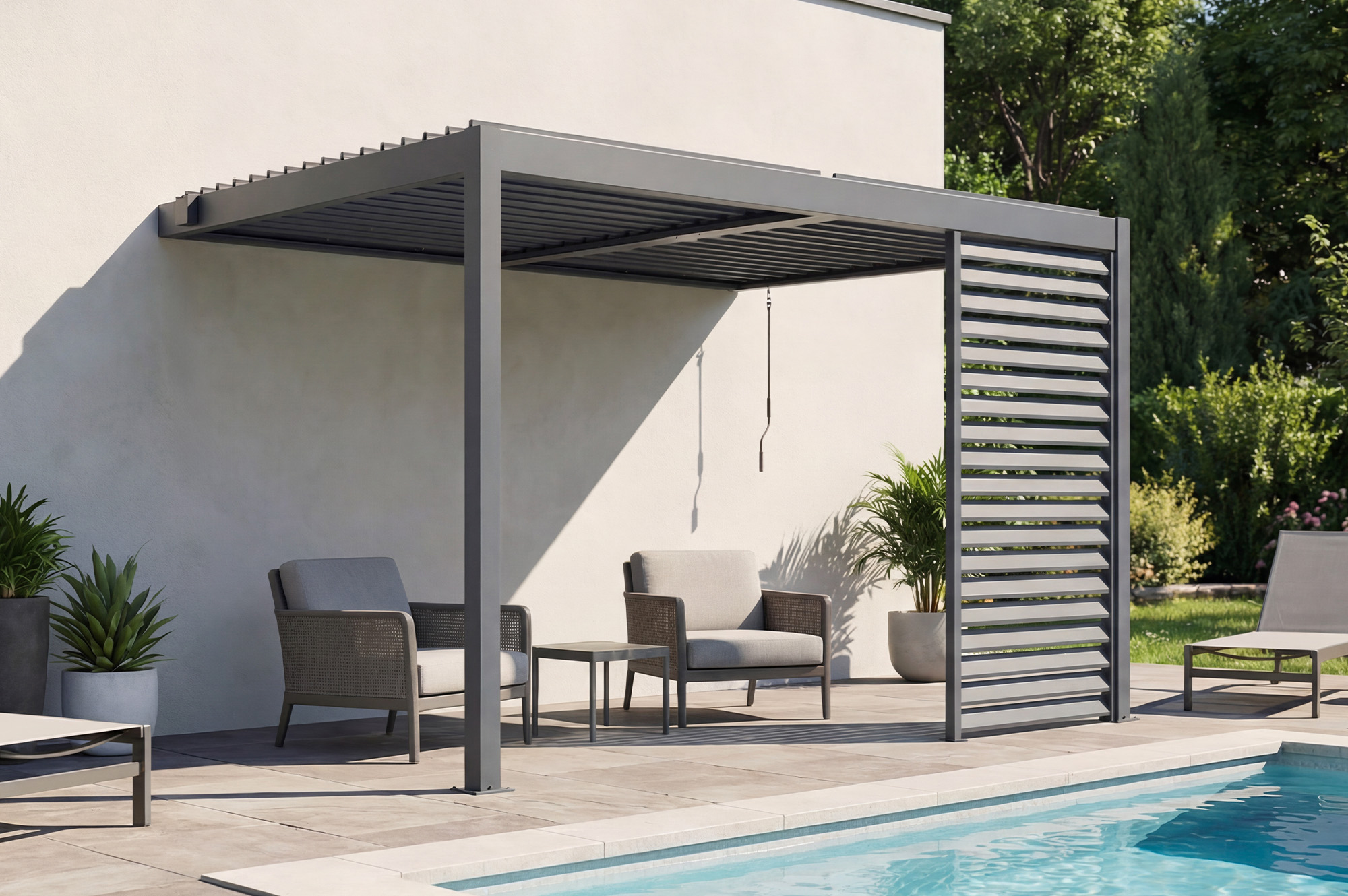 PIANA 3x2.5m lean-to bioclimatic pergola in anthracite grey aluminum with 1 privacy screen louver main_image