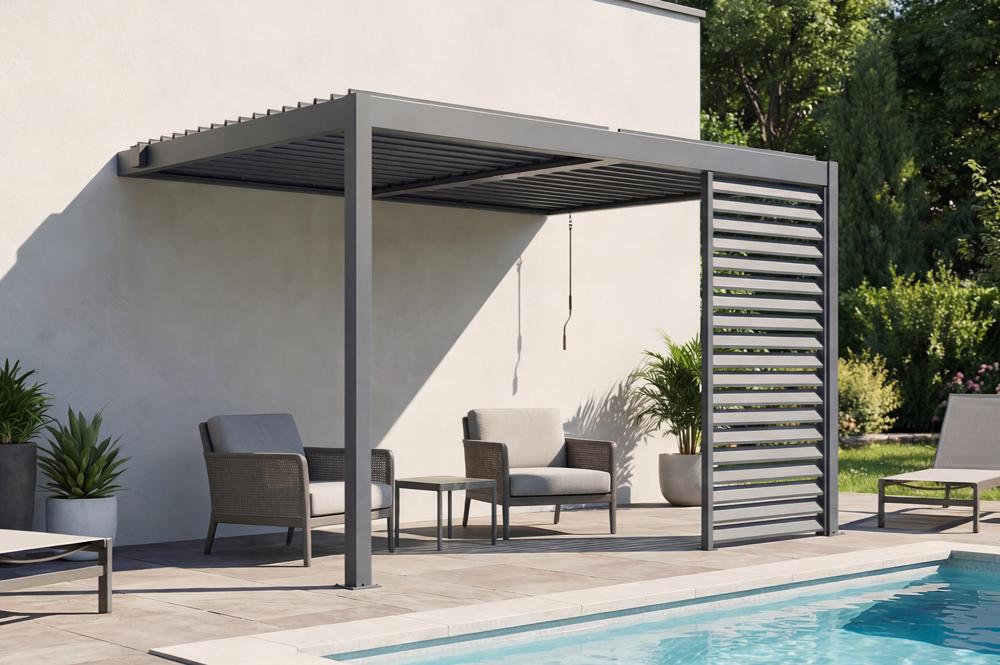 PIANA 3x2,5 m-es, bioklimatikus pergola, antracit szürke alumínium kivitelben, 1 db betekintést gátló rácsos függönnyel