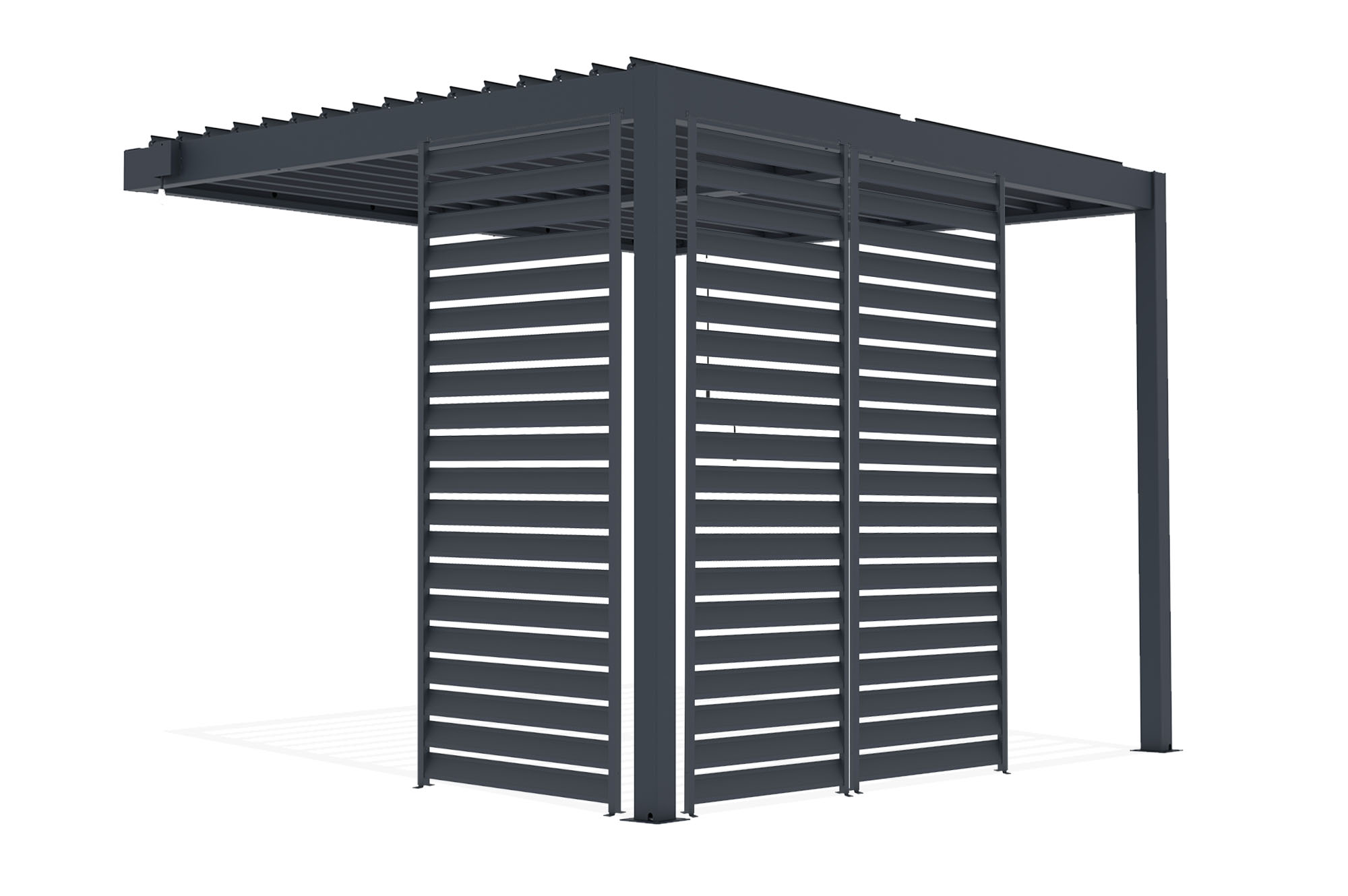Pergolă bioclimatică PIANA 3x2,5m, tip adăpost, din aluminiu gri antracit, cu 3 lamele de intimitate 3
