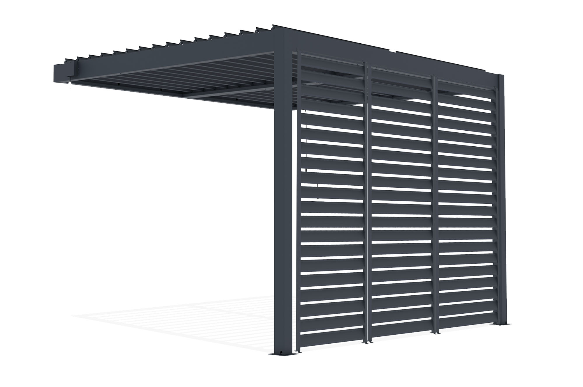 Pergolă bioclimatică PIANA 3x2,5m, tip adăpost, din aluminiu gri antracit, cu 3 lamele de intimitate 2