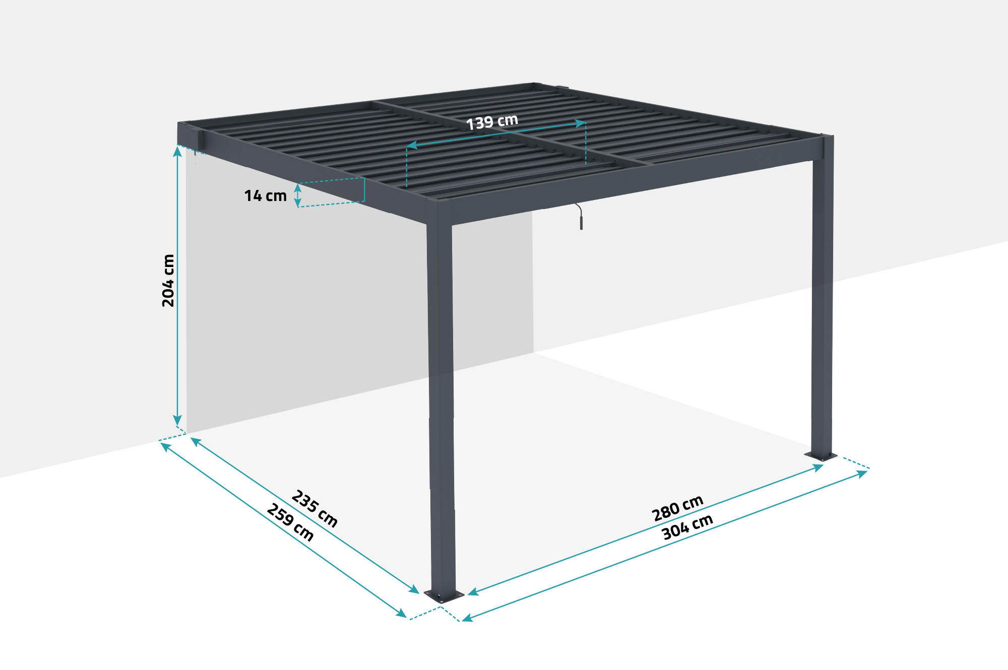 Pergolă bioclimatică PIANA 3x2,5m, tip adăpost, din aluminiu gri antracit, cu 3 lamele de intimitate 5