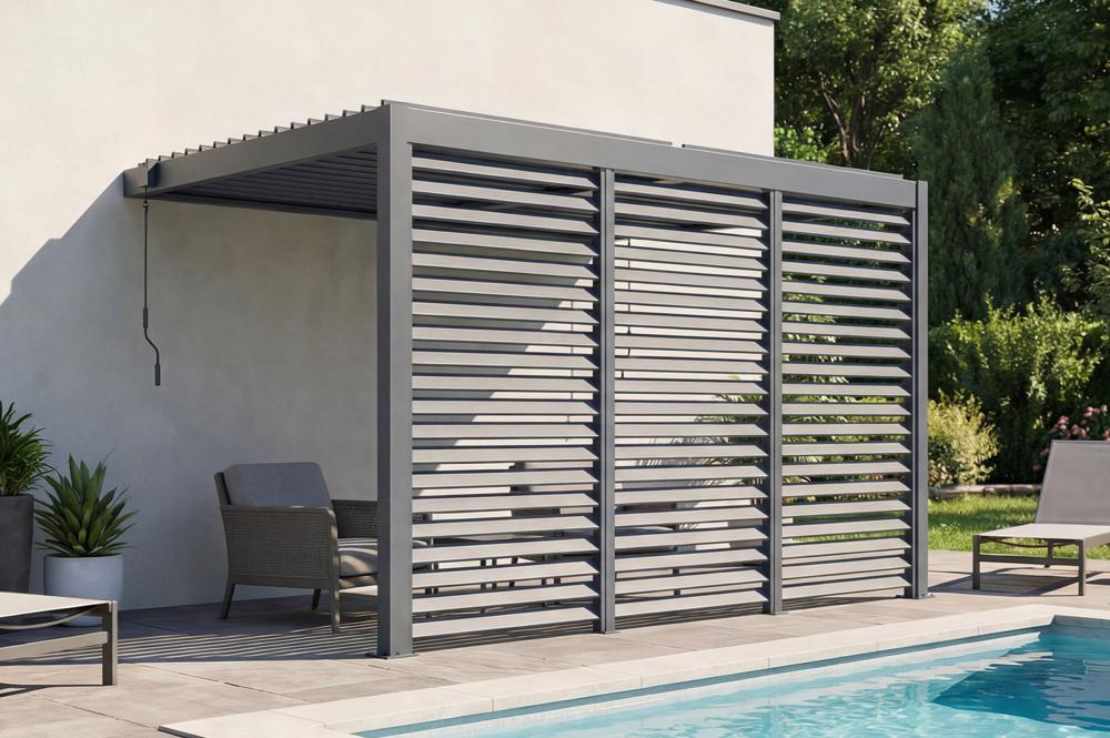 PIANA 3x2,5 m-es, ferde, bioklimatikus pergola antracitszürke alumíniumból, 3 db betekintést gátló lamellával