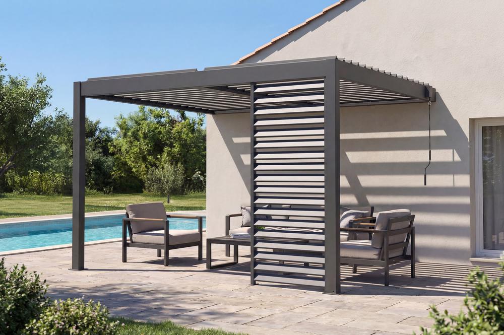 PIANA bioclimatische aanbouwpergola van 3x2 meter in antracietgrijs aluminium met 1 privacyscherm.