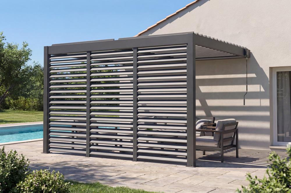 PIANA 3x2 m-es, bioklimatikus pergola, antracit szürke alumínium kivitelben, 3 db betekintést gátló lamellával