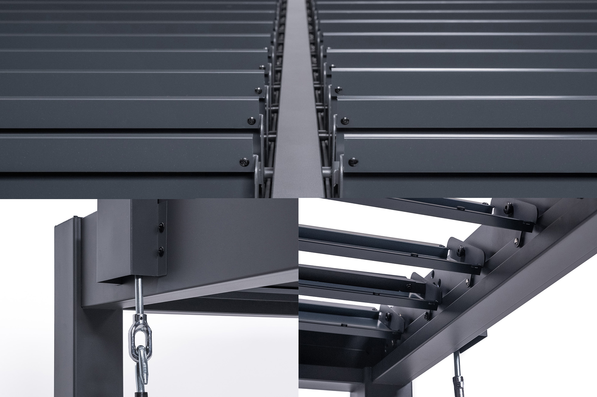 PIANA 3x3m attached bioclimatic pergola in grey aluminum with 1 privacy screen louver 7