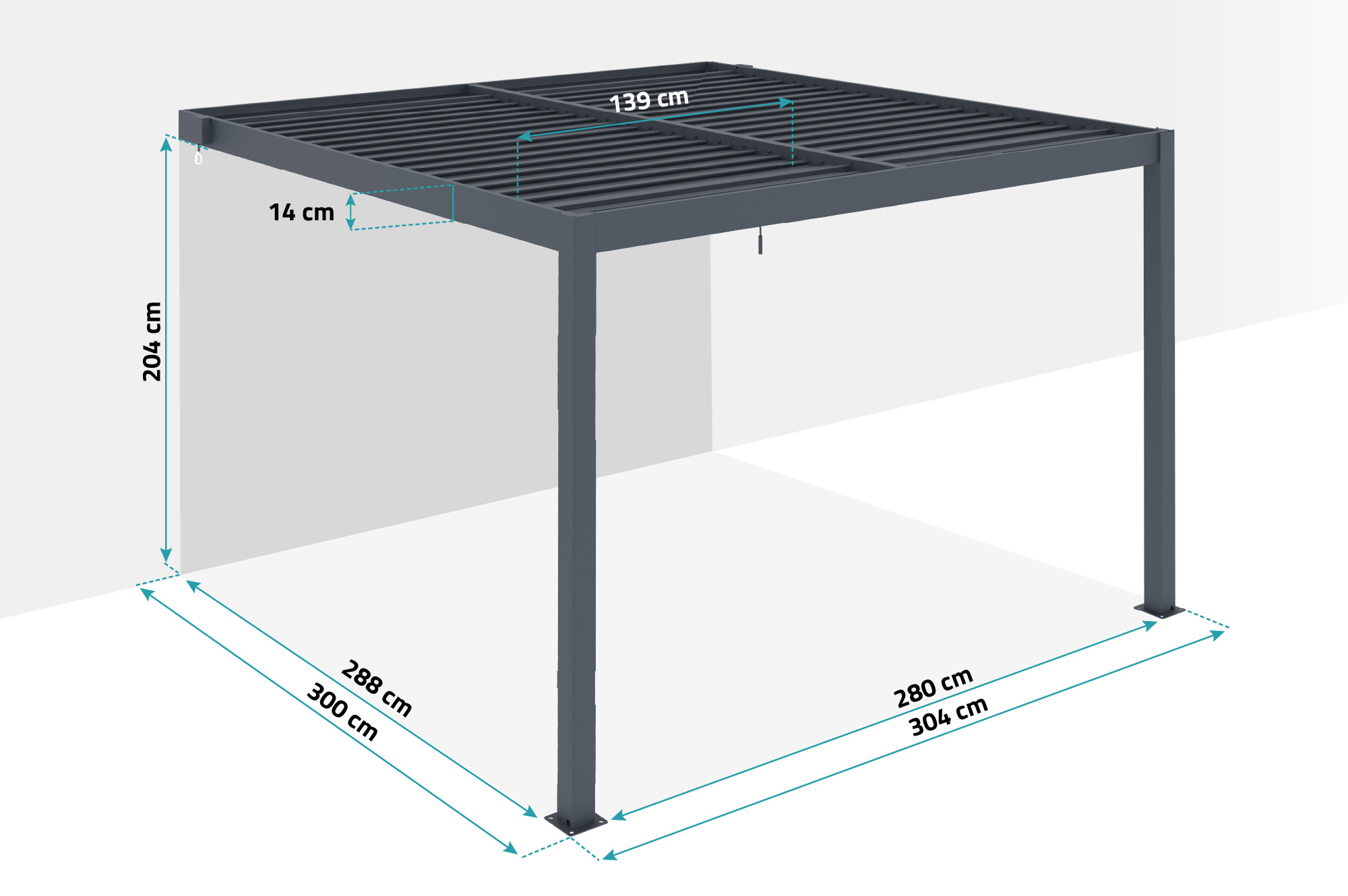 PIANA 3x3m attached bioclimatic pergola in grey aluminum with 1 privacy screen louver 4