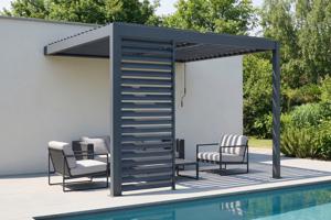 PIANA 3x3m angebauter, bioklimatischer Pergola aus grauem Aluminium mit 1 Sichtschutzlamelle main image
