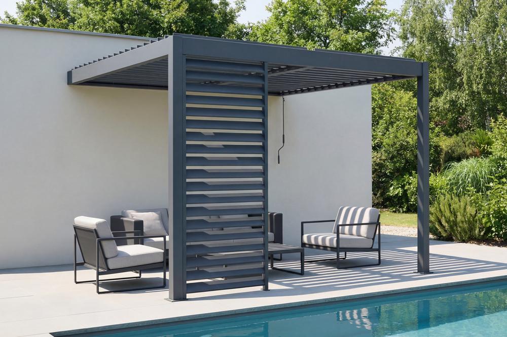 PIANA 3x3m-es, rögzített bioklimatikus pergola szürke alumíniumból, 1 db betekintést gátló rácskal