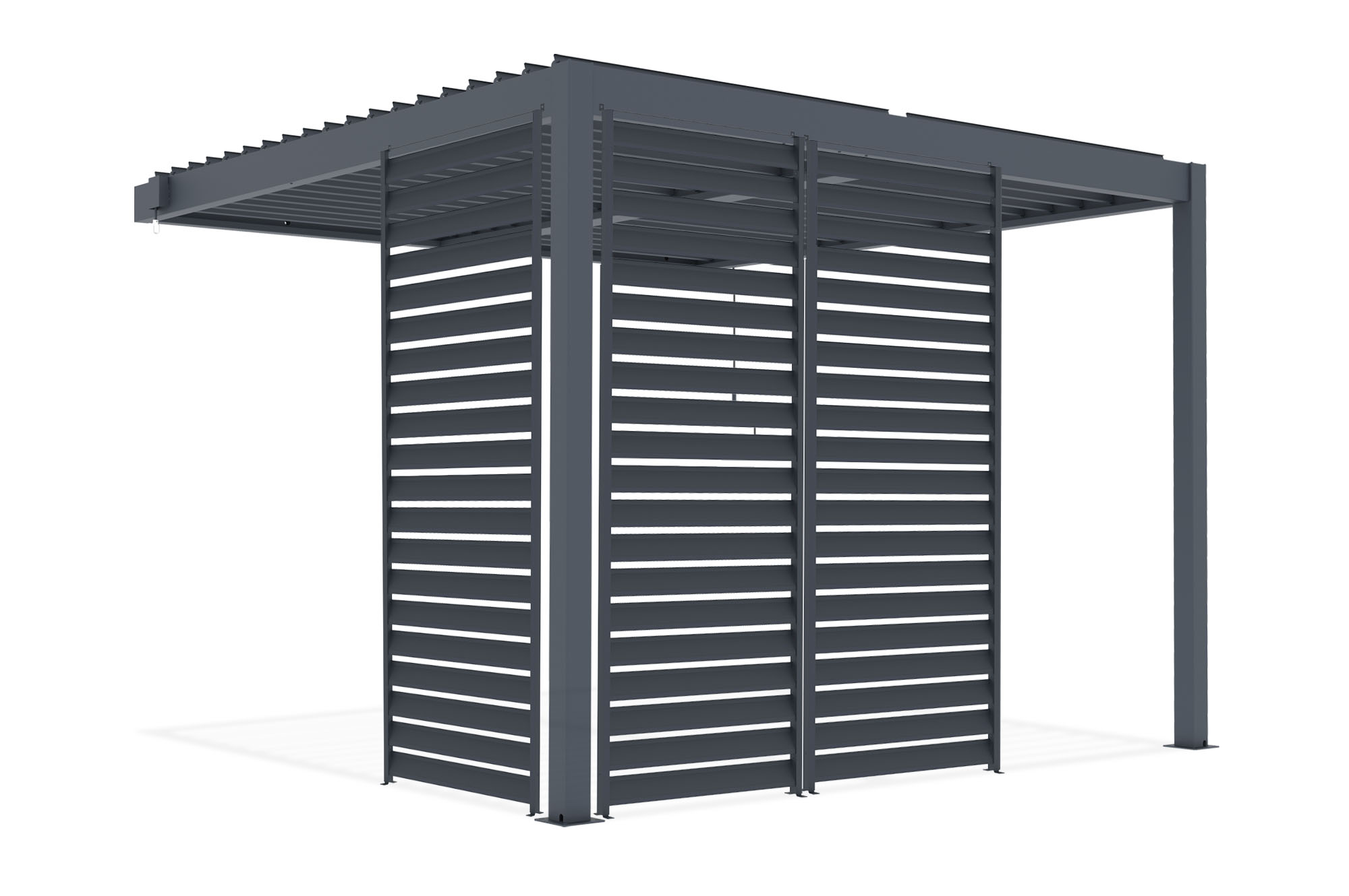 PIANA 3x3m piestiprināta bioklimatiskā pergola pelēkā alumīnija krāsā ar 3 privātuma slēģiem 3