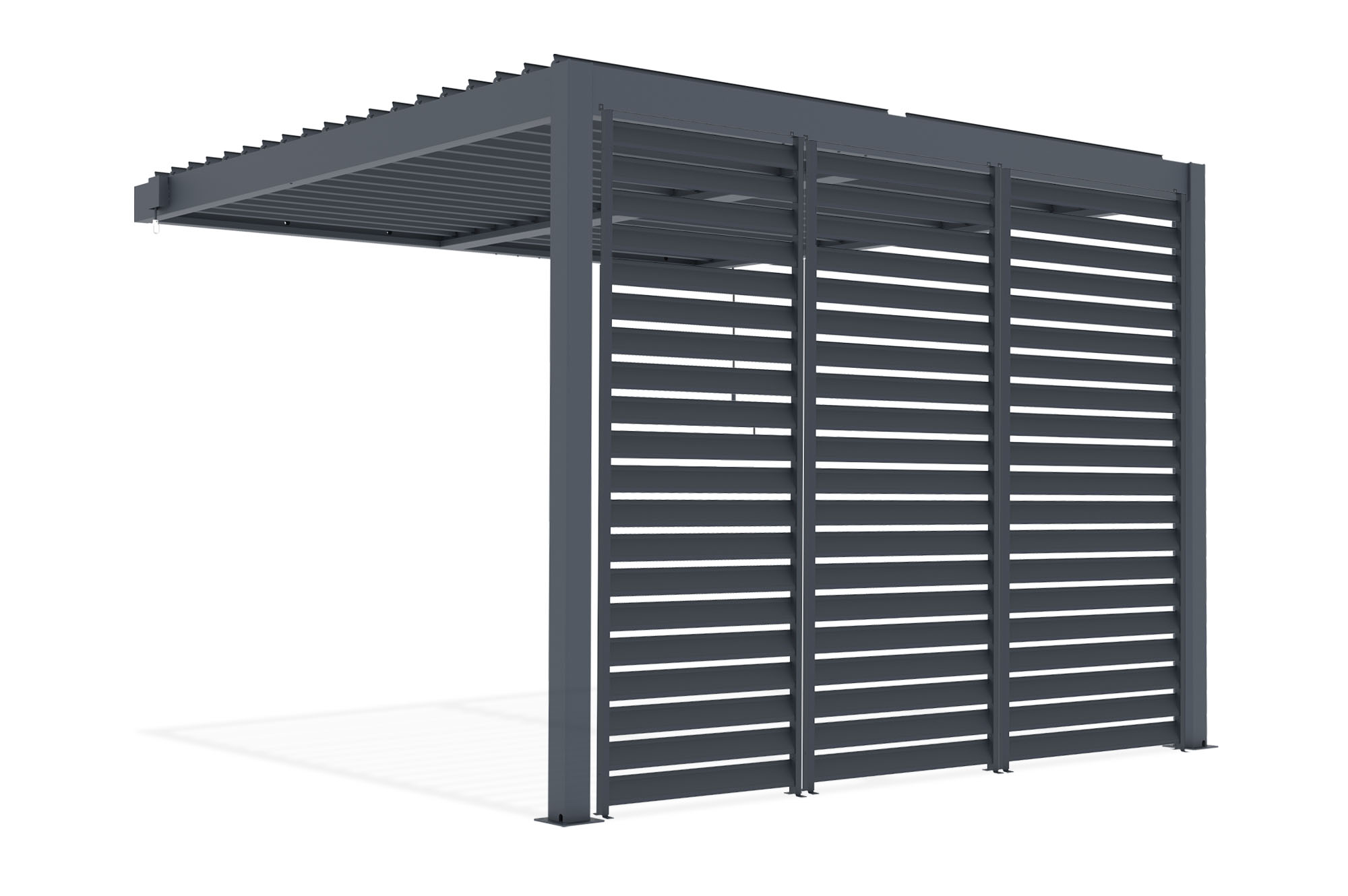 PIANA 3x3m piestiprināta bioklimatiskā pergola pelēkā alumīnija krāsā ar 3 privātuma slēģiem 2
