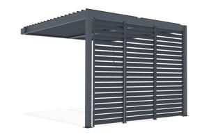 PIANA 3x3m piestiprināta bioklimatiskā pergola pelēkā alumīnija krāsā ar 3 privātuma slēģiem 2