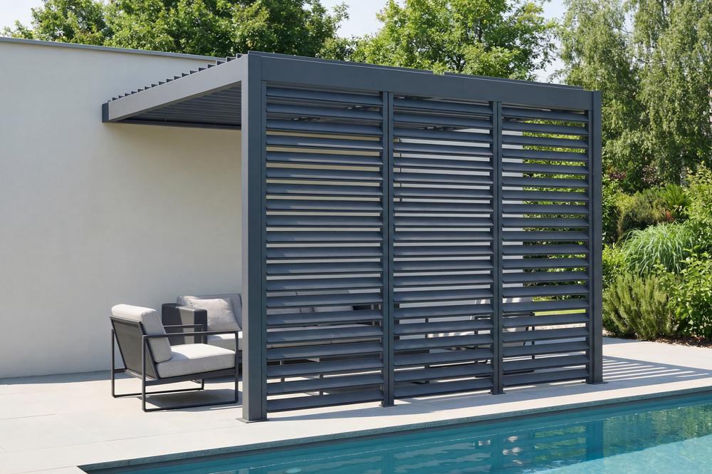 PIANA 3x3m-es, rögzített bioklimatikus pergola szürke alumíniumból, 3 db betekintést gátló rolóval