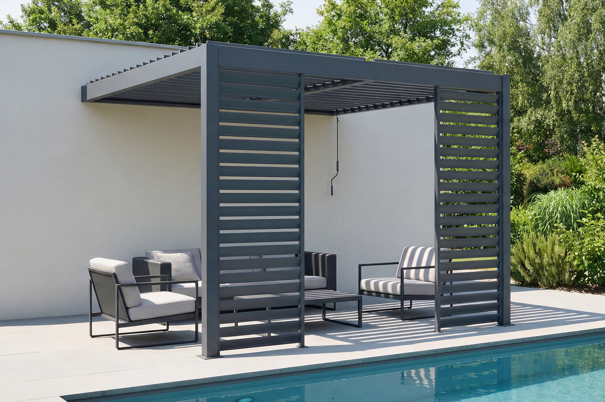 PIANA 3x3m piestiprināta bioklimatiskā pergola pelēkā alumīnija krāsā ar 2 privātuma žalūzijām main_image