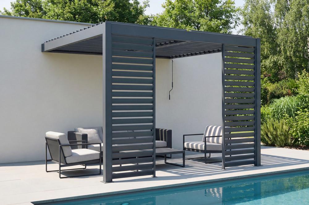 PIANA 3x3m-es, rögzített bioklimatikus pergola szürke alumíniumból, 2 db betekintést gátló lamellával