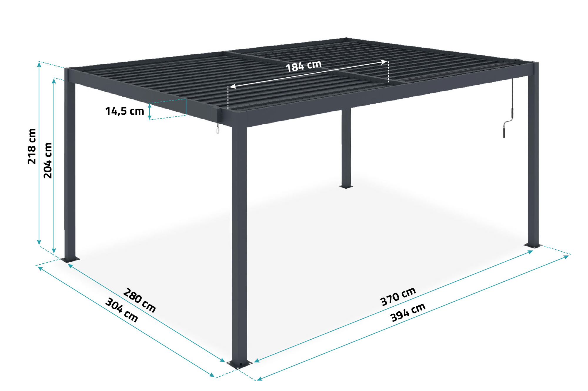 PIANA 3x4m brīvstāvoša bioklimatiskā pergola pelēkā alumīnija krāsā ar 3 privātuma žalūzijām 4