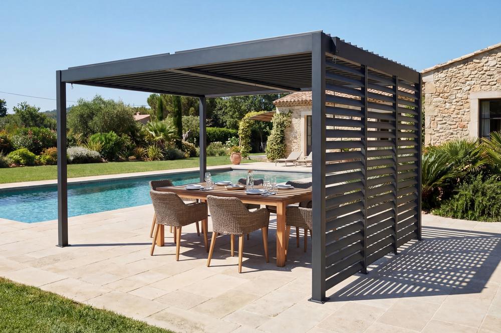 Pérgola bioclimática autoportante PIANA de 3x4m em alumínio cinza com 3 venezianas para privacidade.
