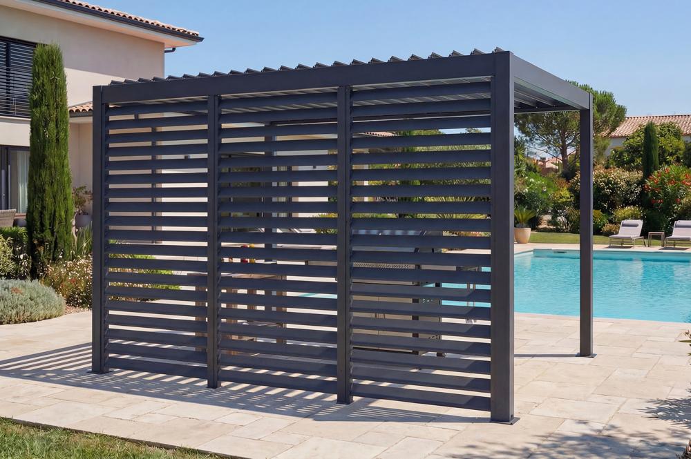 PIANA 3x2m szabadon álló bioklimatikus pergola szürke alumínium kivitelben, 3 betekintést gátló lamella