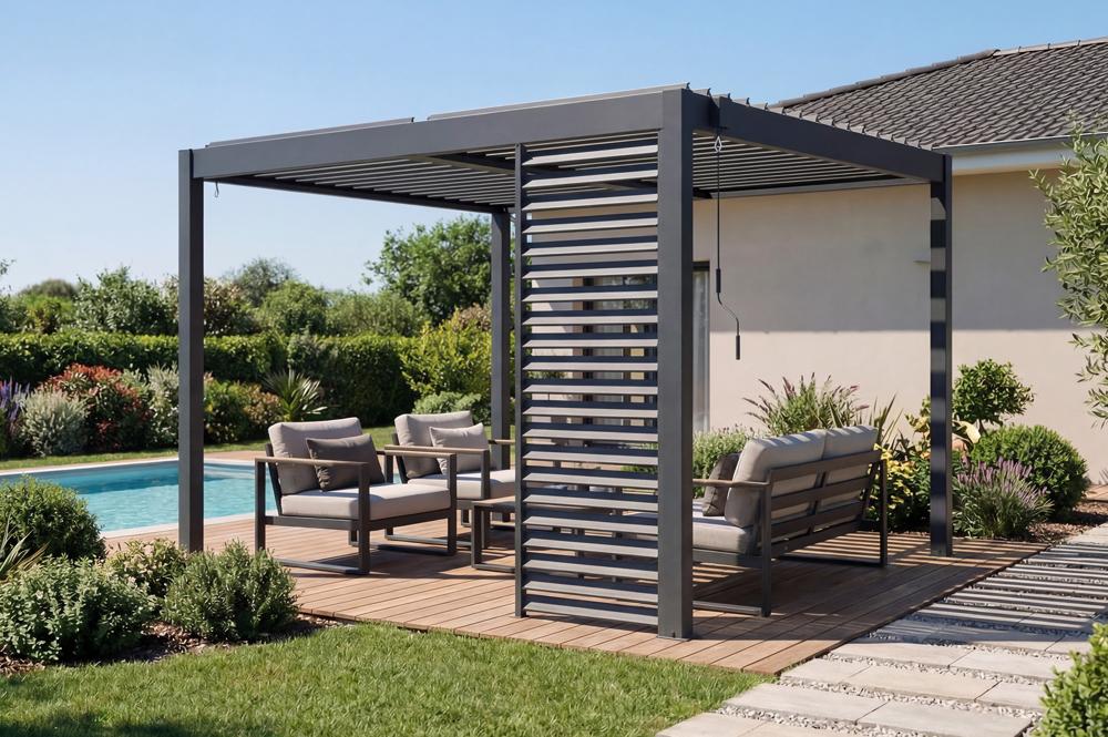 PIANA szabadon álló bioklimatikus pergola 3x2,5m szürke alumínium 1 betekintést gátló rácsos függönnyel