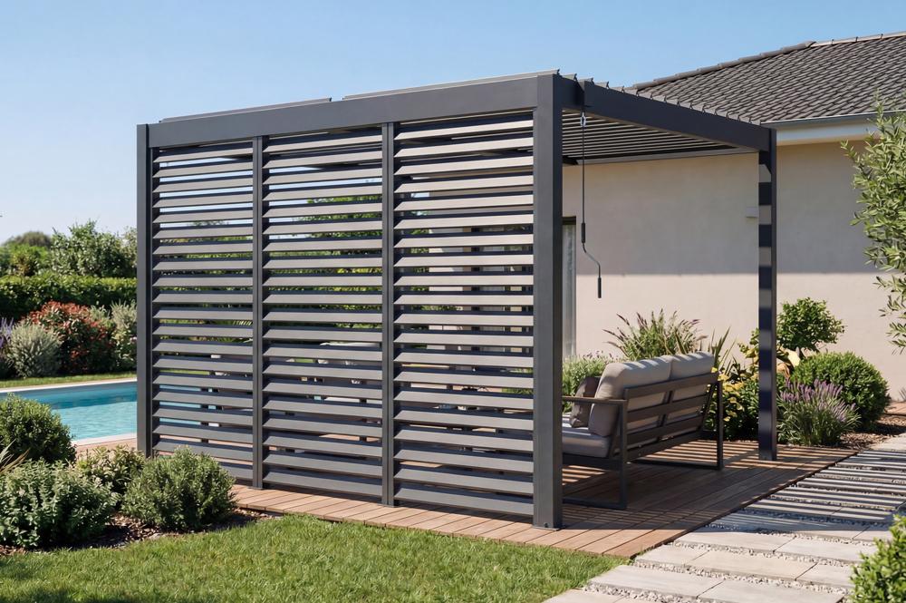 PIANA szabadon álló bioklimatikus pergola 3x2,5m szürke alumínium 3 betekintést gátló lamella