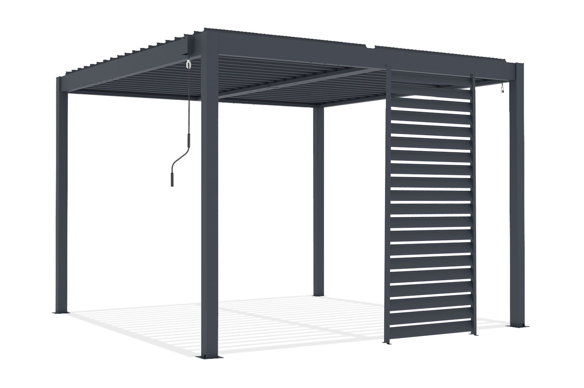 PIANA 3x3m brīvstāvoša bioklimatiskā pergola pelēkā alumīnija krāsā ar 1 privātuma nodrošināšanas žalūzijām 3