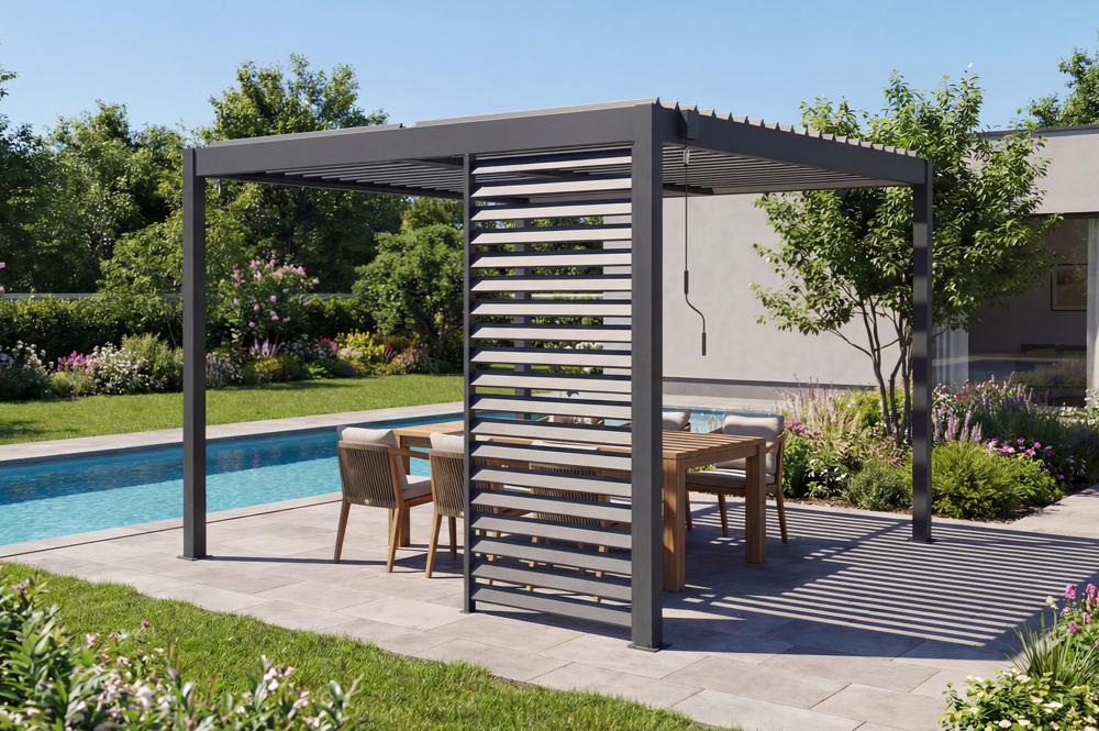 PIANA 3x3m szabadon álló bioklimatikus pergola szürke alumínium kivitelben 1 db betekintést gátló rácsos függönnyel