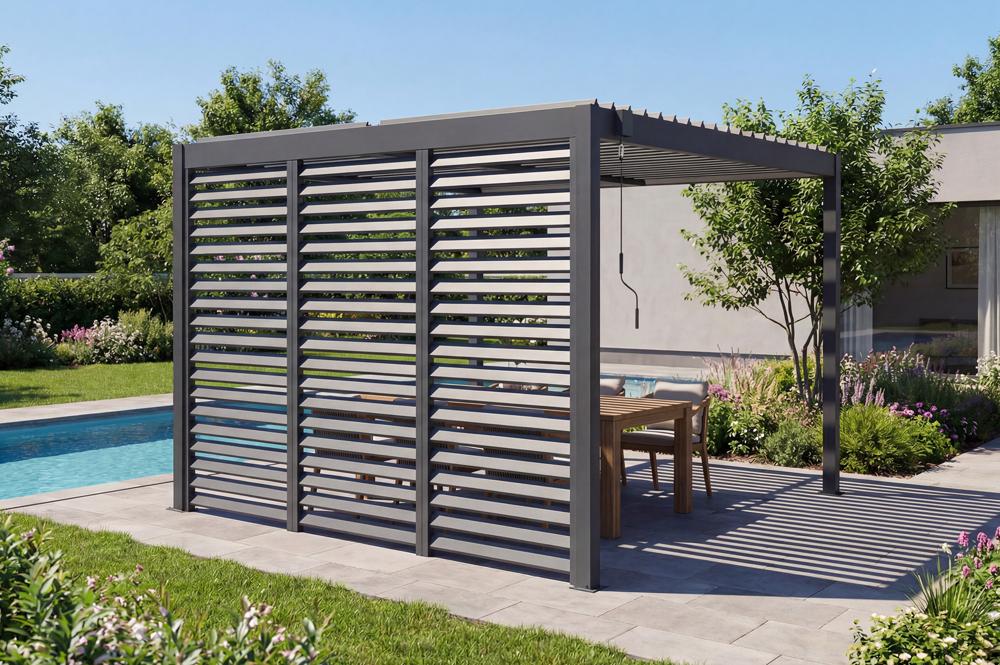 PIANA 3x3m szabadon álló bioklimatikus pergola szürke alumínium kivitelben, 3 betekintést gátló lamella