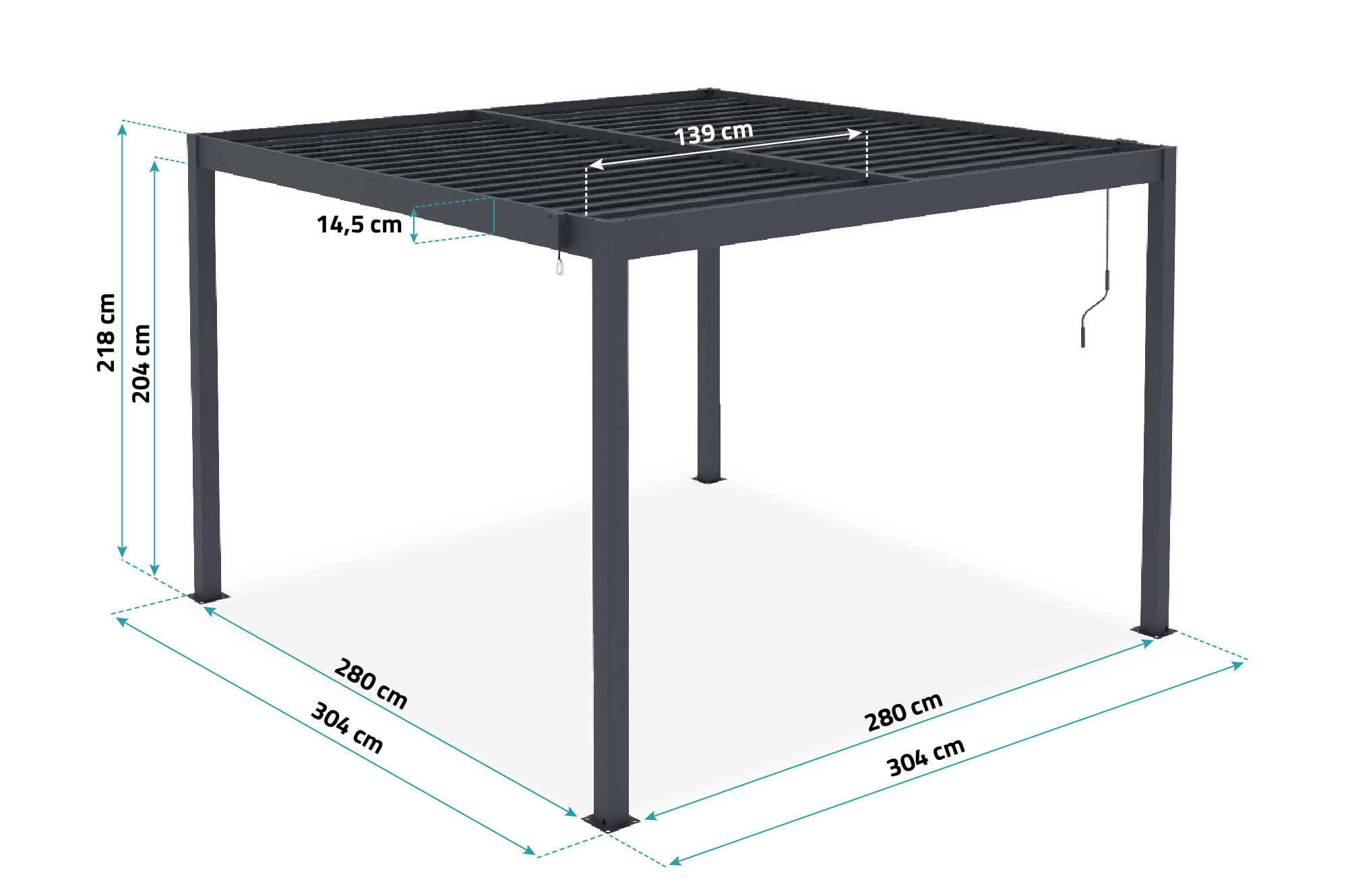 Pergolă bioclimatică independentă PIANA 3x3m din aluminiu gri cu 2 lamele de intimitate 5