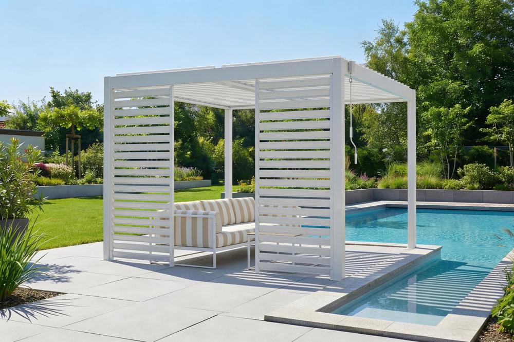 PIANA 3x3m szabadon álló bioklimatikus pergola fehér alumíniumból, 2 db betekintést gátló lamellával