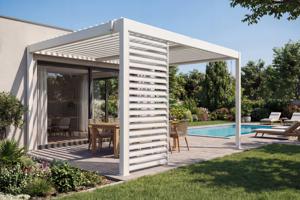 PIANA 4x3m freestanding bioclimatic pergola in white aluminum with 1 privacy screen louver main image