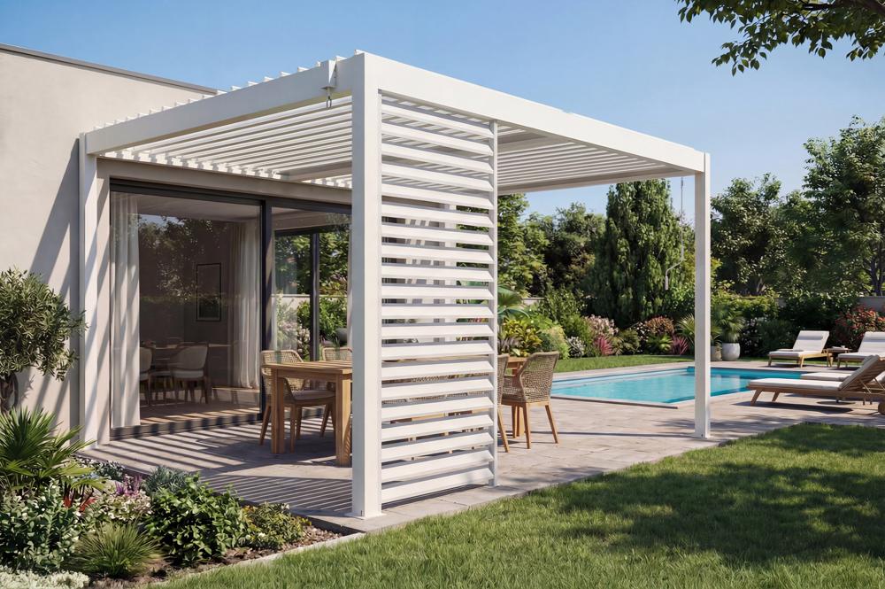 Pérgola bioclimática autoportante PIANA 4x3m em alumínio branco com 1 veneziana para privacidade.
