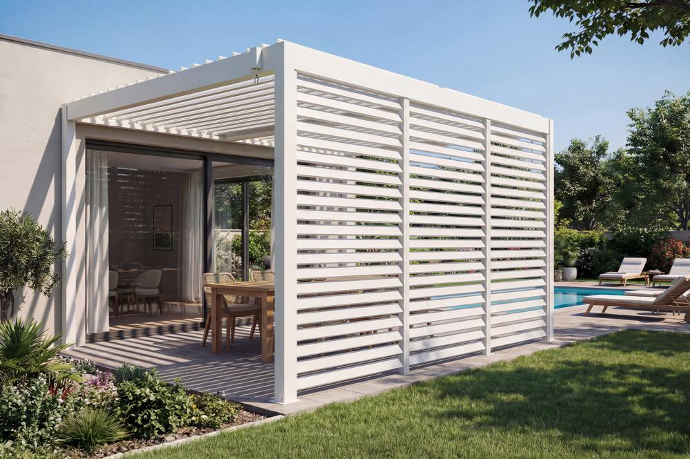 Pérgola bioclimática autoportante PIANA 4x3m em alumínio branco com 3 venezianas para privacidade.