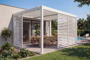 PIANA 4x3m freistehende bioklimatische Pergola aus weißem Aluminium mit 3 Sichtschutzlamellen main image