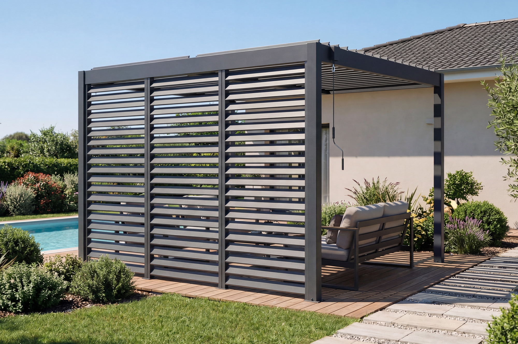 Set de 3 paravane de intimitate VENTO pentru pergolă, 92 cm, lamele cu jaluzele din aluminiu gri - pentru pergola bioclimatică PIANA 6