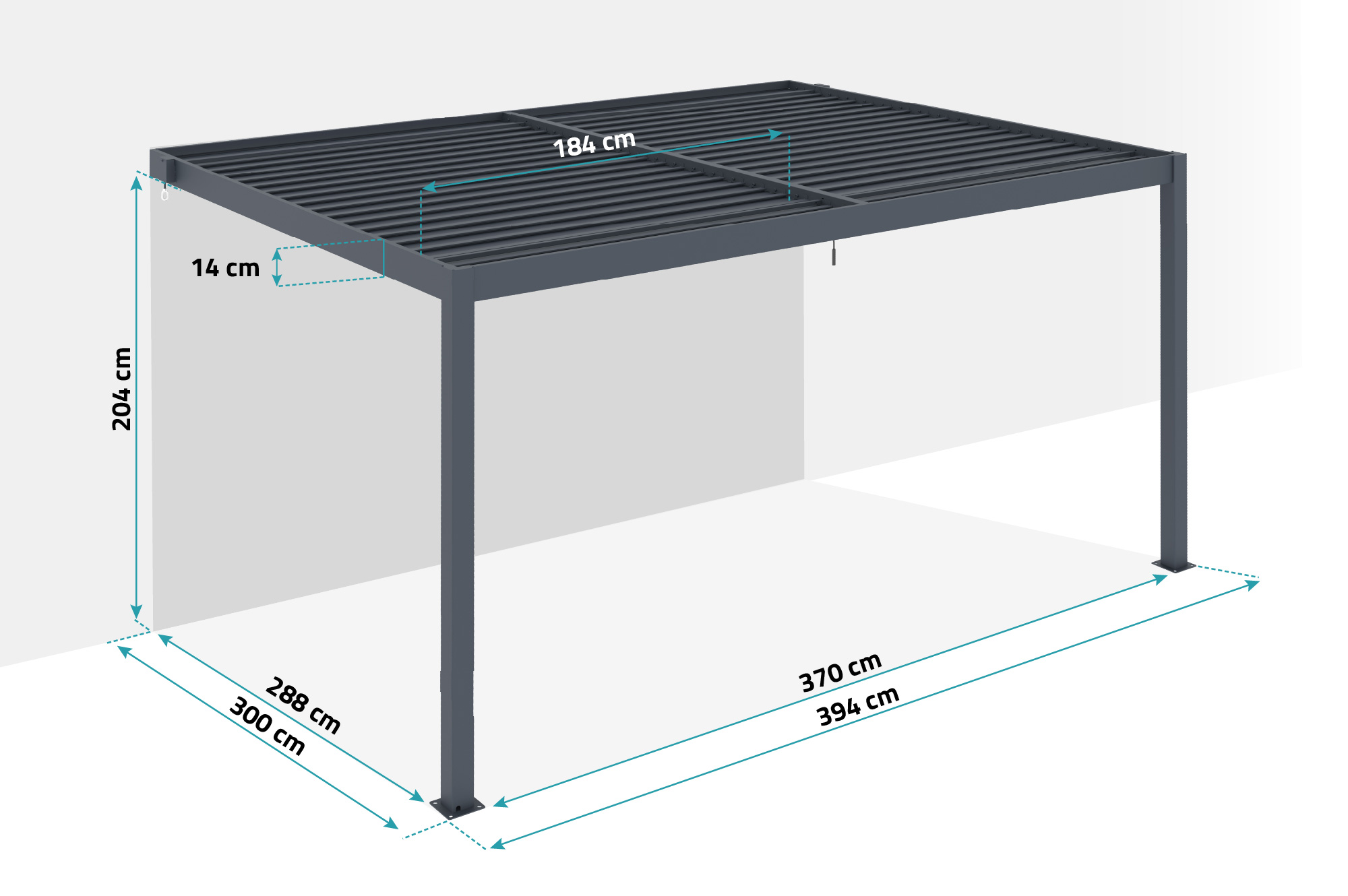PIANA 4x3m piestiprināta bioklimatiskā pergola pelēkā alumīnija krāsā ar 1 privātuma nodrošināšanas žalūzijām 3