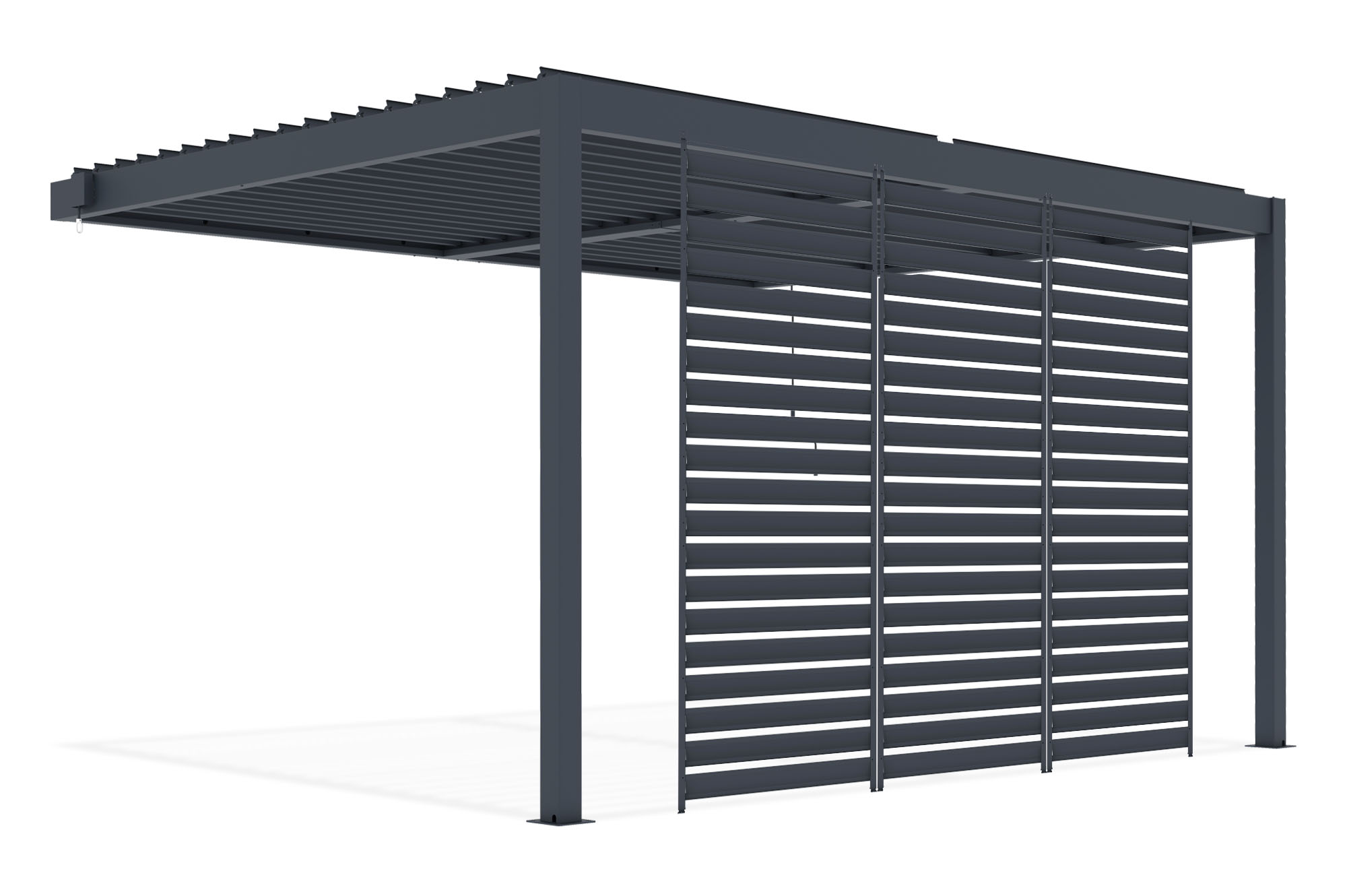 PIANA 4x3m piestiprināta bioklimatiskā pergola pelēkā alumīnija krāsā ar 3 privātuma slēģiem 2