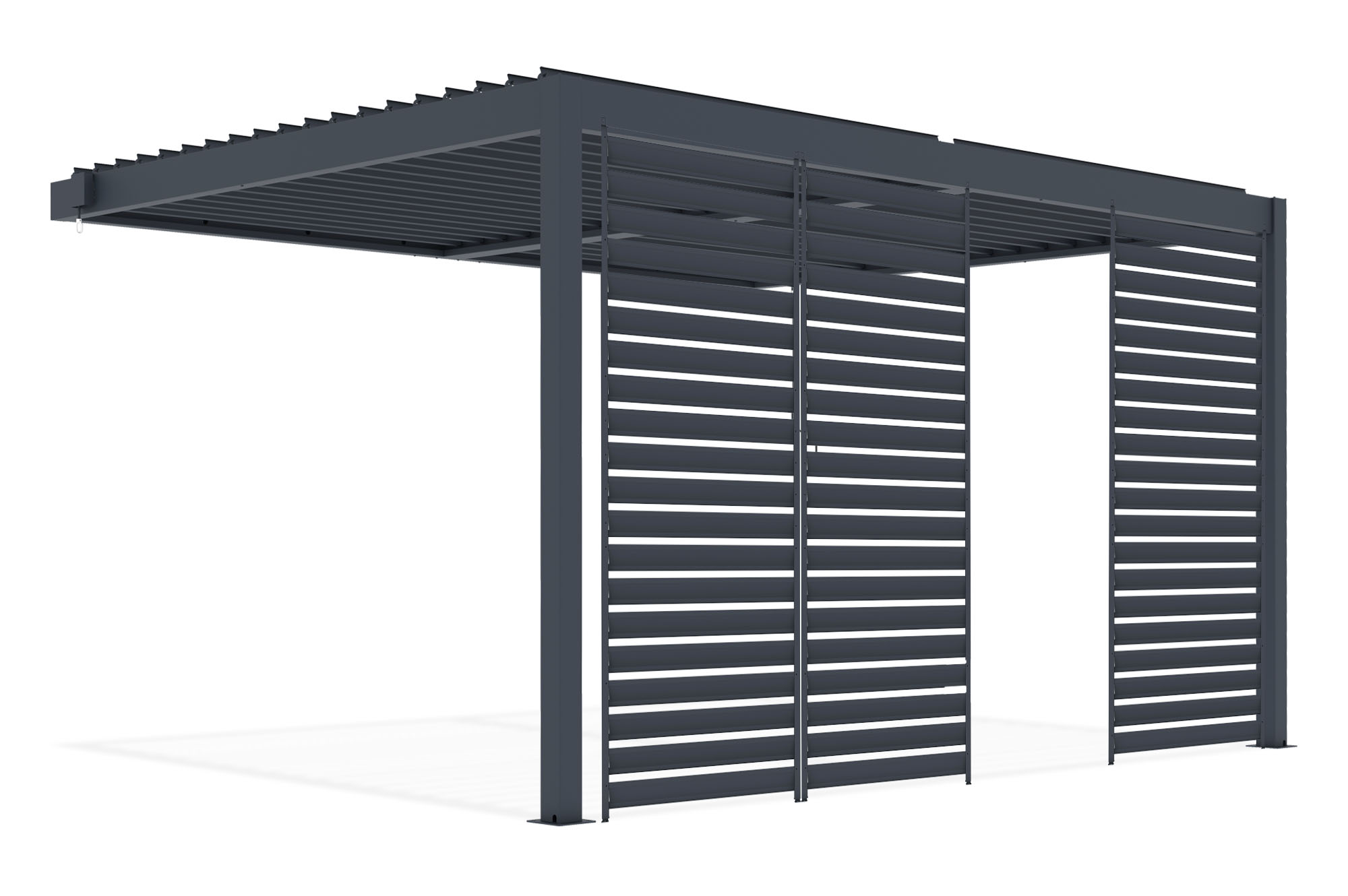 PIANA 4x3m piestiprināta bioklimatiskā pergola pelēkā alumīnija krāsā ar 3 privātuma slēģiem 3