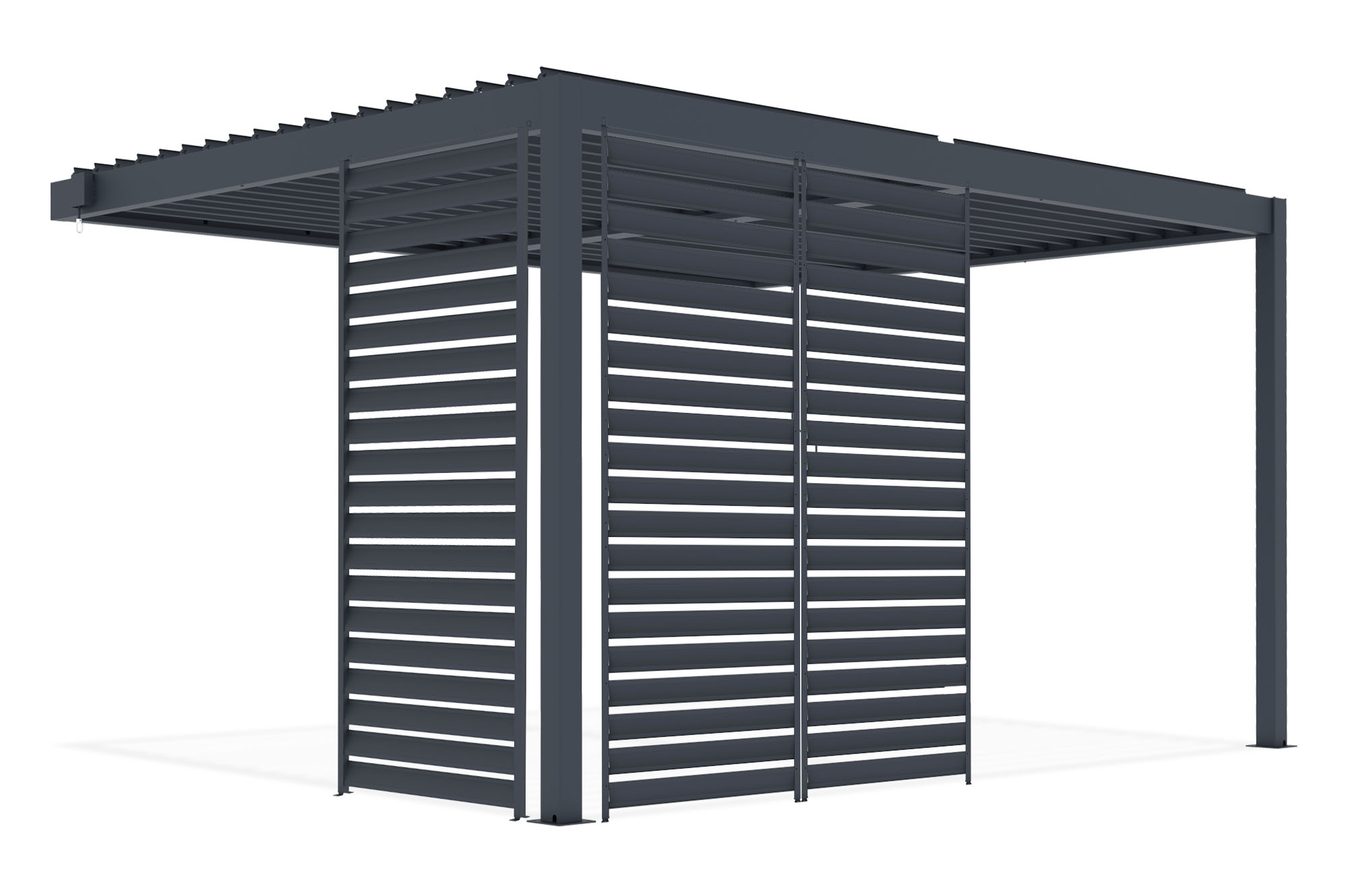 PIANA 4x3m piestiprināta bioklimatiskā pergola pelēkā alumīnija krāsā ar 3 privātuma slēģiem 4