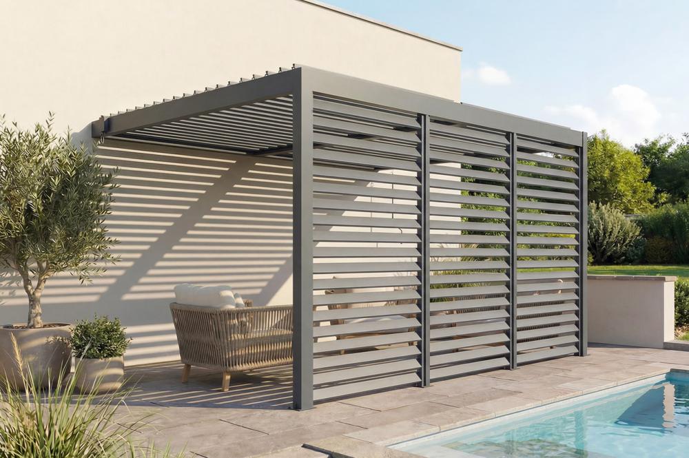 PIANA 4x3m aangebouwde bioclimatische pergola in grijs aluminium met 3 privacyluiken