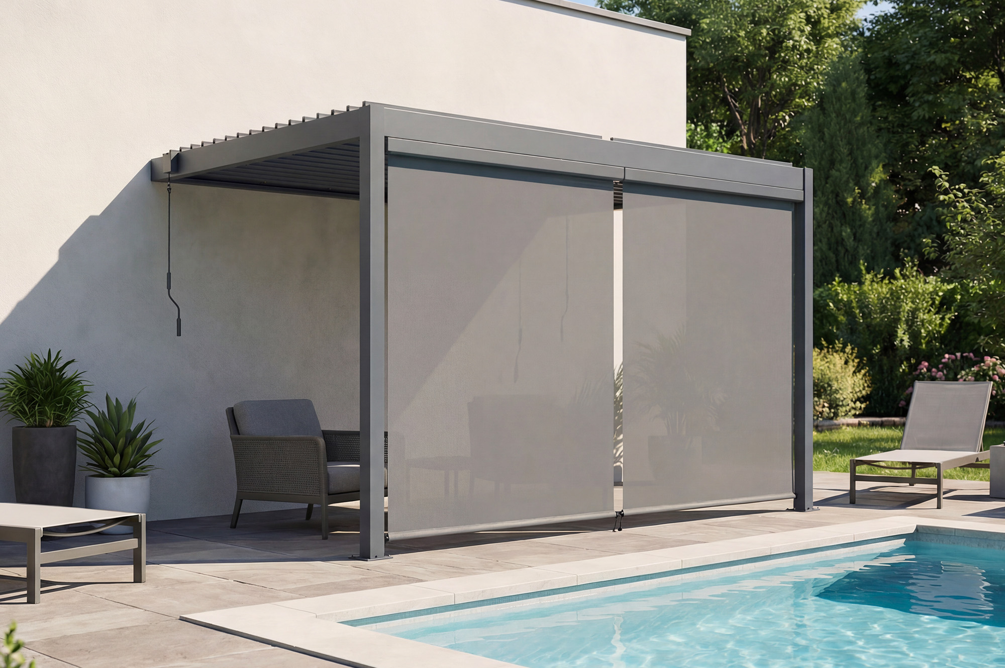 PIANA 3x2,5 m pieguļoša bioklimatiskā pergola pelēkā alumīnija krāsā ar izvelkamām žalūzijām 3 m pusē main_image