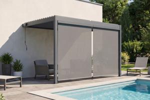 Pergola bioclimatique 3x2,5m adossée PIANA aluminium gris avec stores rétractables côté 3m main image