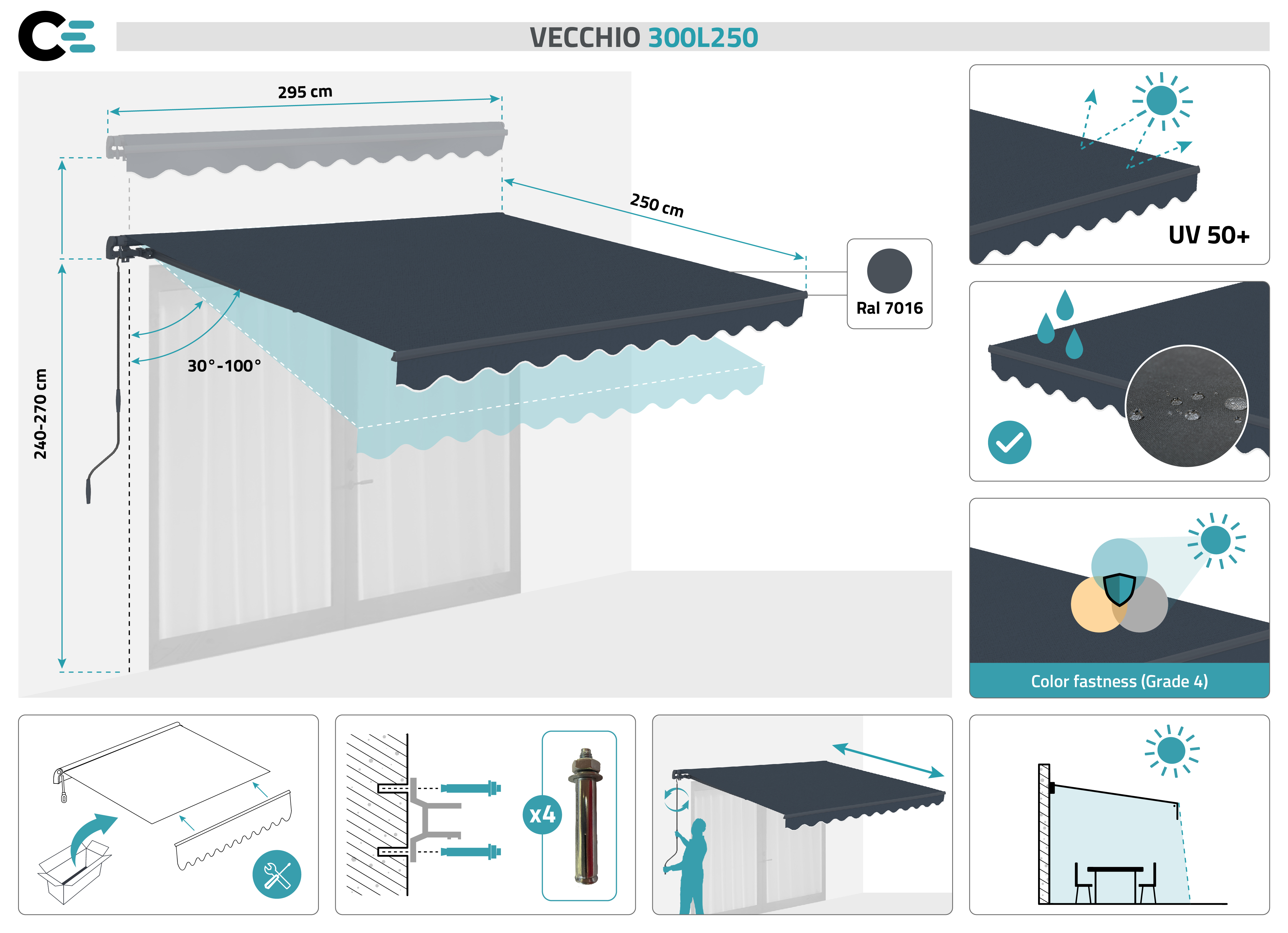Monoblokkos napellenző VECCHIO szürke 3m x 2,5m 2