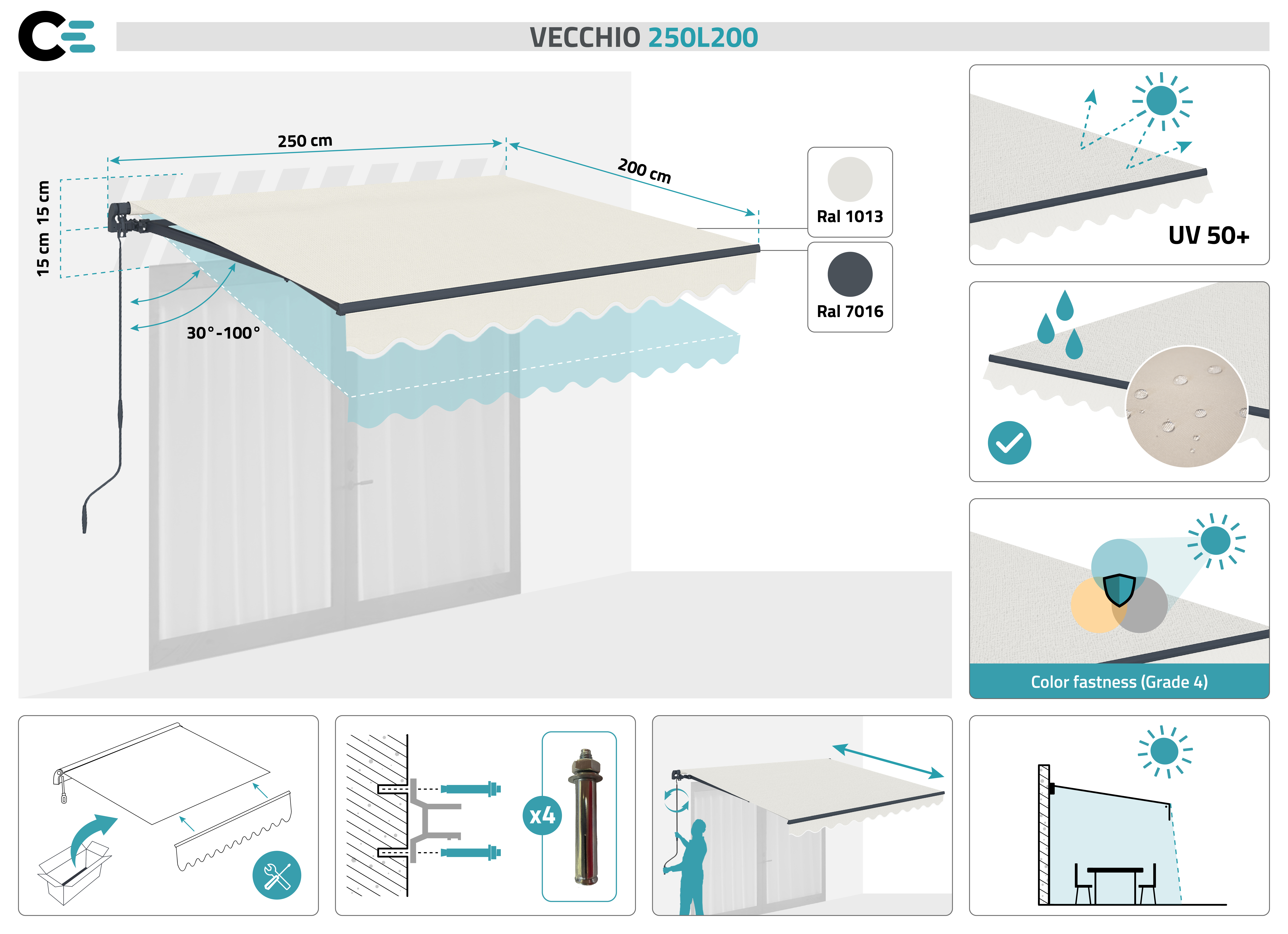 VECCHIO egyrészes napellenző 2,5m x 2m Bézs 2